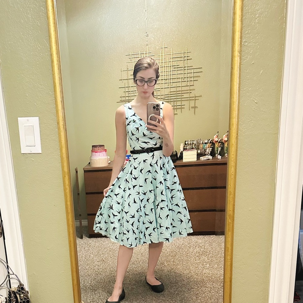 Elegant pinup Blue Bird swallows Print Dress